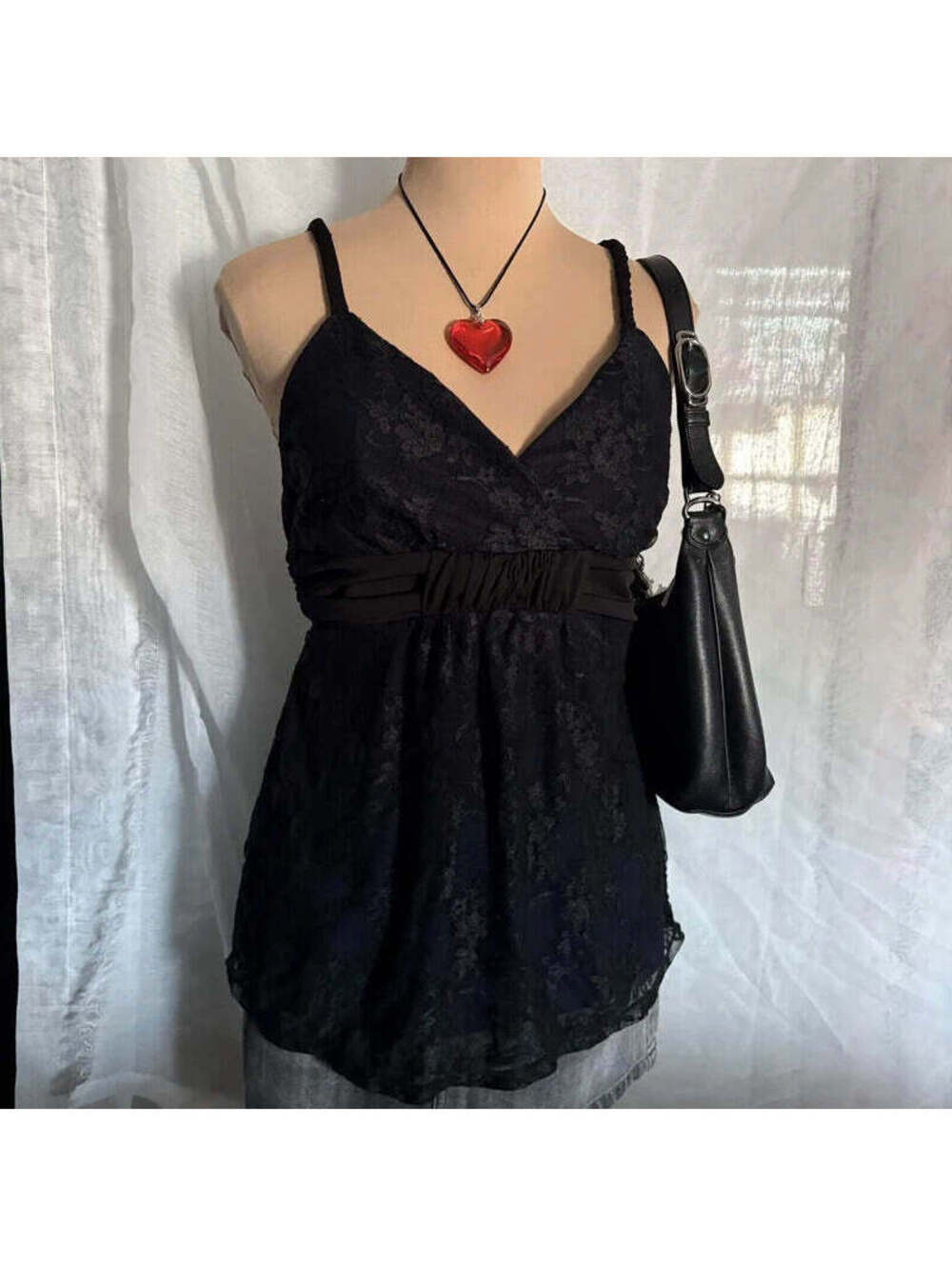 vintage y2k black and blue lace tie back babydoll top